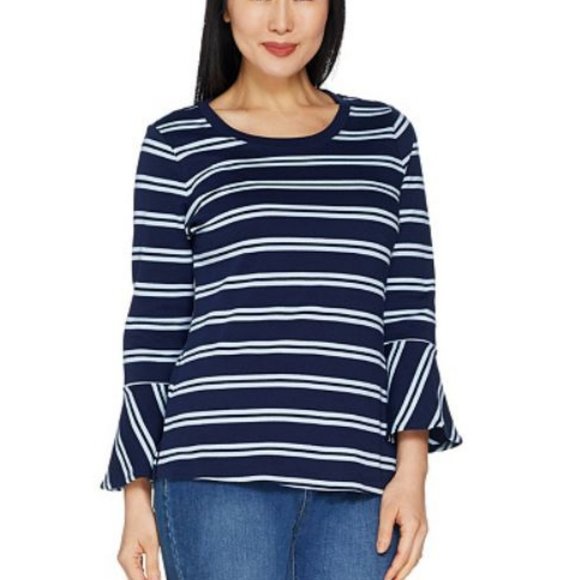 Isaac Mizrahi Top Womens Medium Blue White Stripe Cotton Scoop Neck Bell Sleeve - Picture 3 of 3